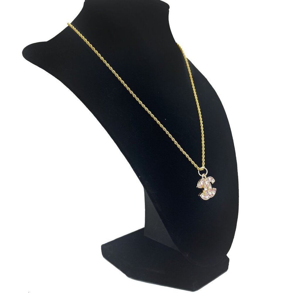 CHANEL CC Pink Rhinestone Charm Pendant on Necklace Gold Plated Chain - Picture 3 of 10